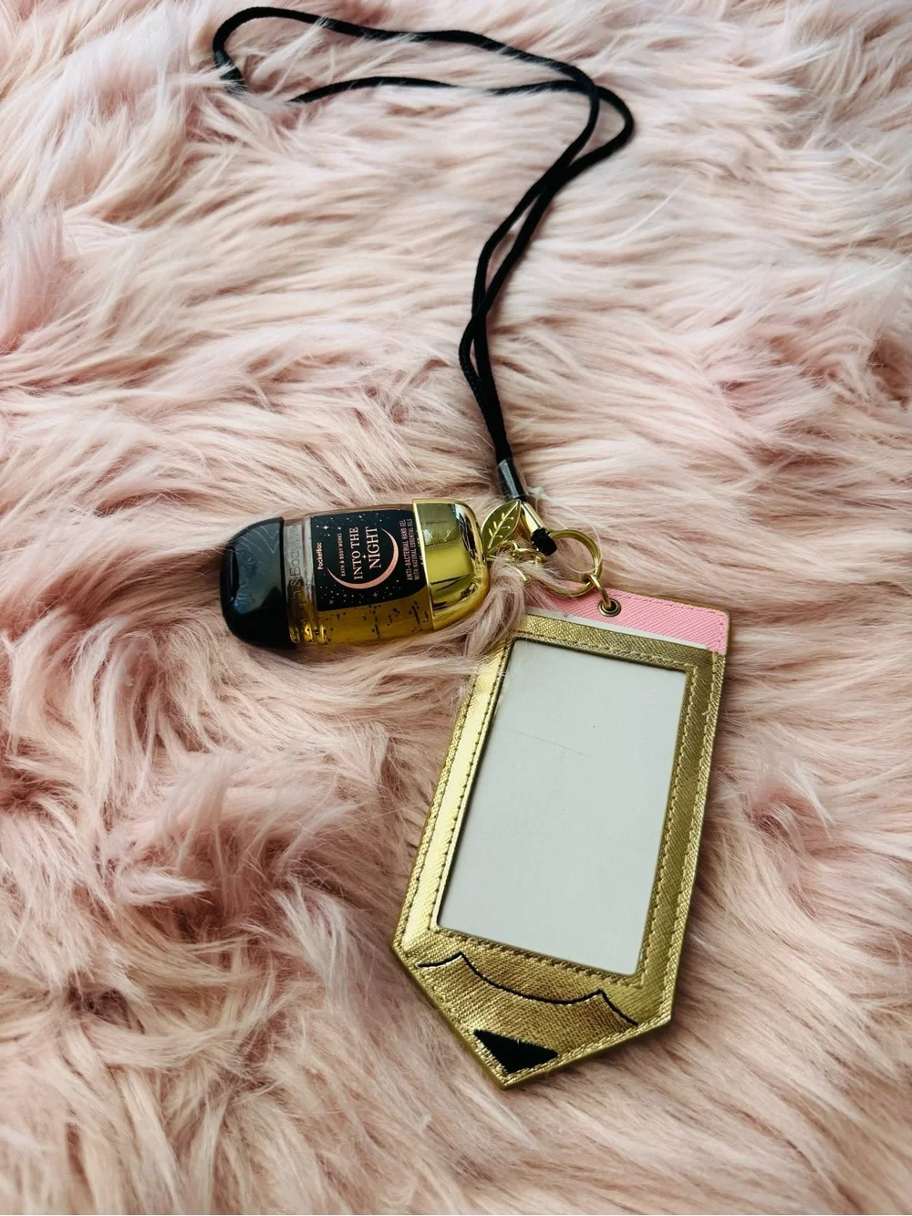Gold and Pink Pencil Cardholder/ID Lanyard with Travel Hand Sanitizer